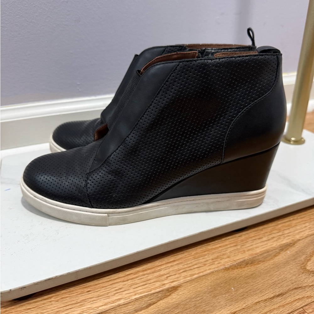 Line Paolo Black Perforated Leather Wedge Sneakers Ankle Booties Side Zip Women